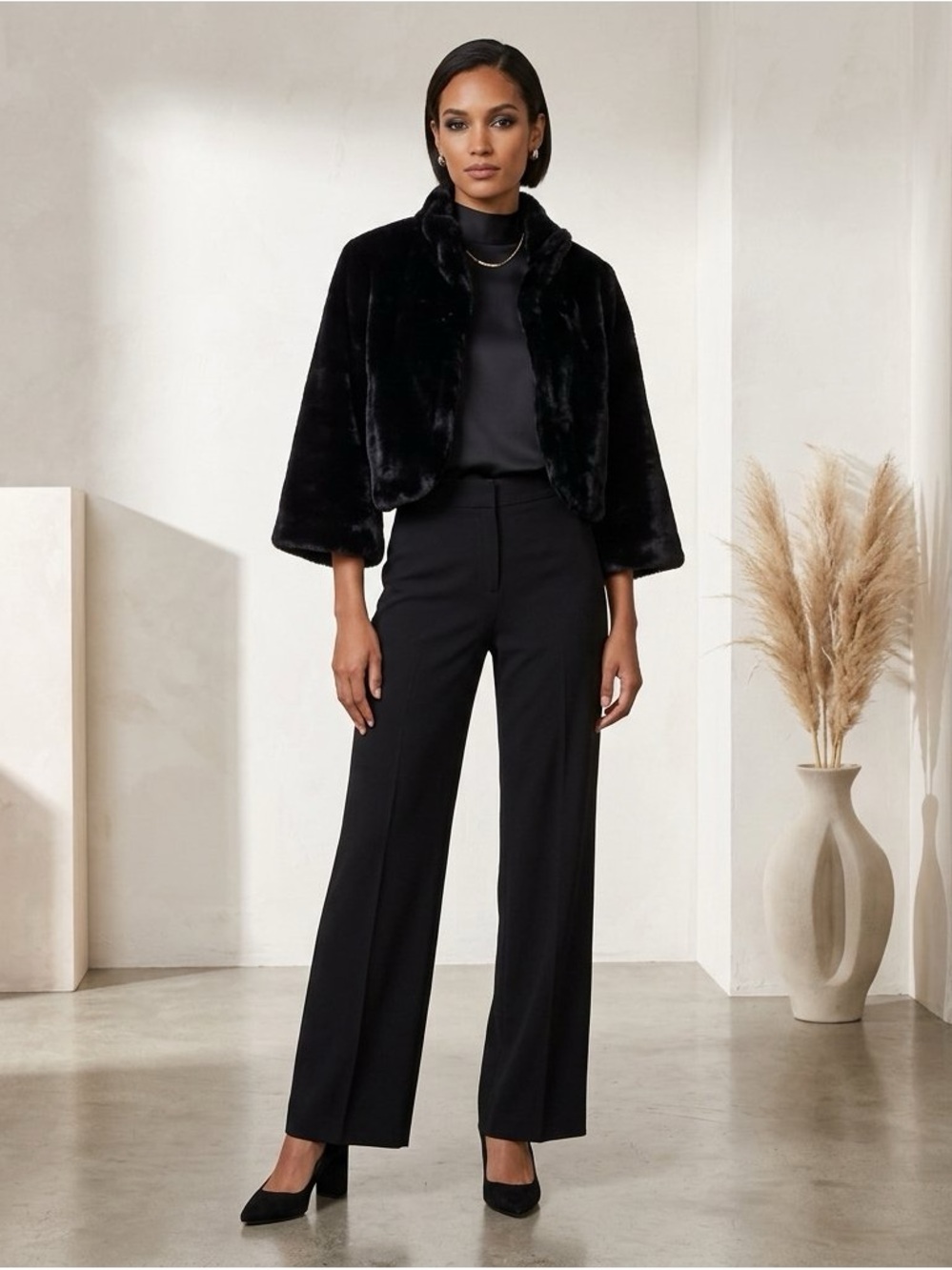 Laundry by Shelli Segal Black Faux Fur Cropped Shrug Bolero Jacket M